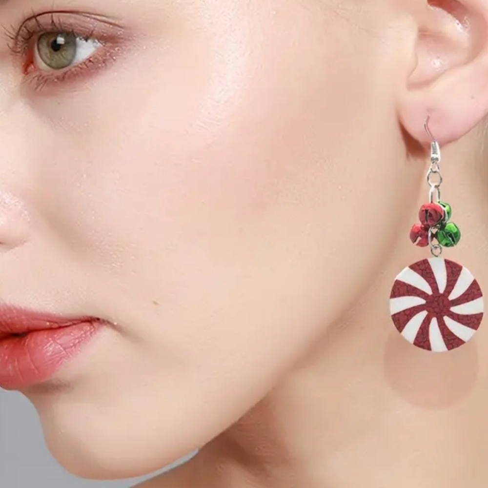 Red and Green Earrings round peppermint‎ Bell holiday Christmas
